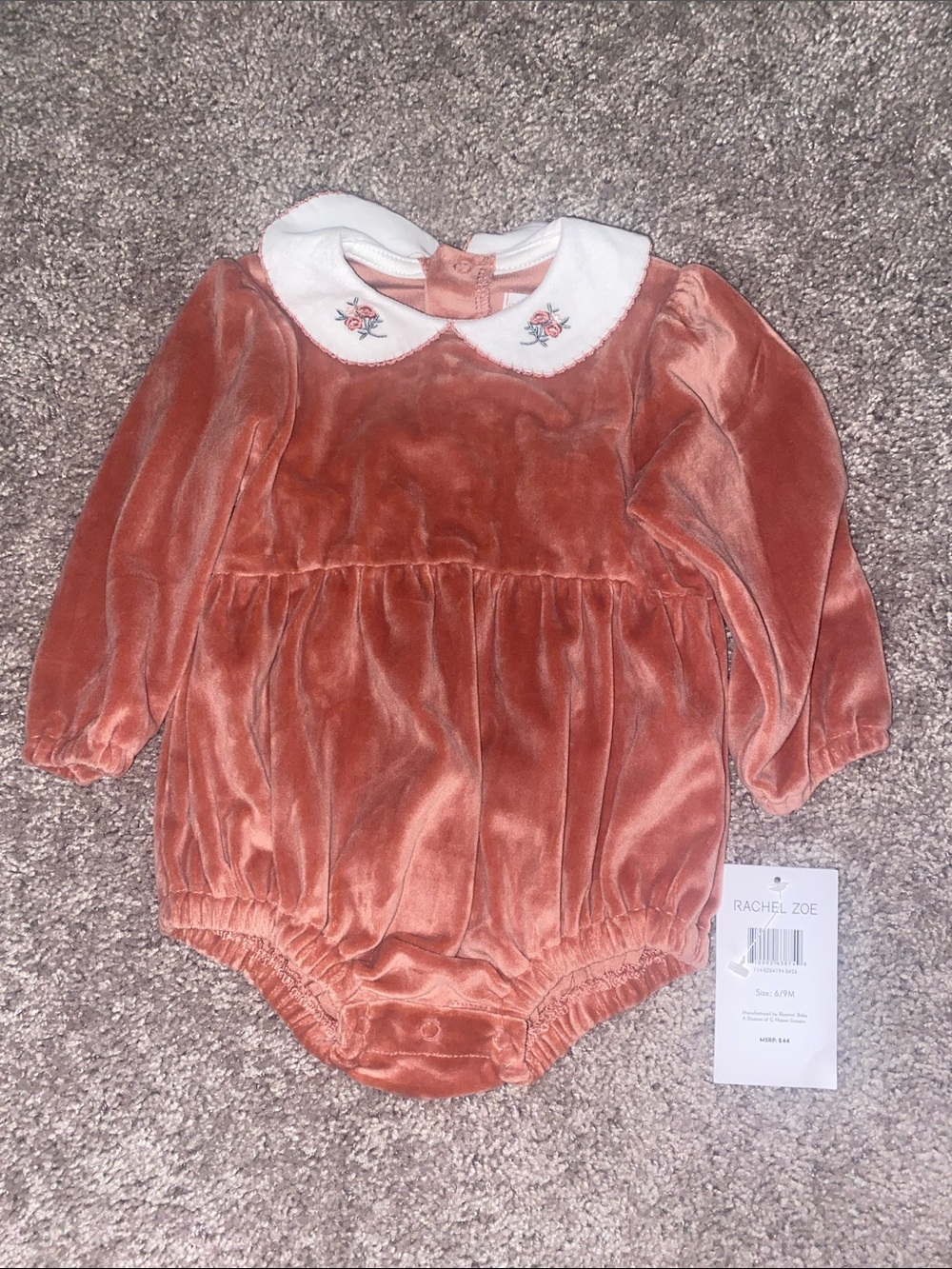 Rachel Zoe Velvet Baby Romper in Rust with White Embroidered Collar